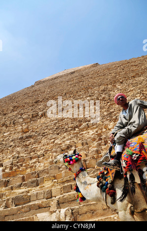 Eine ägyptische Mann sitzt auf seinem Kamel durch die große Pyramide in Gizeh. Stockfoto