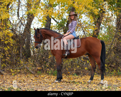 Cowgirl Reiten Bucht Stockfoto