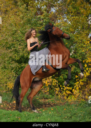 Cowgirl in Vintage-Kleid saß auf einem aufbäumenden Pferd Stockfoto