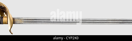 Ein Schwert Modell 1889 für Offiziere als Schießpreis ausgezeichnet,gerade Damaszenklinge,geätzt und vergoldet mit Ranken Dekoration für die halbe Länge,eine Seite trägt eine gekrönte Chiffre 'WII',die andere Seite beschriftet 'Ehrenpreis für hervorragende Schießleistungen 1899 dem Leutnant v. Boser 3.Niederschlesisches Infanterie-Regiment Nr.50'(Ehrenpreis für herausragende Marken v. 1899 für 3. Lieutenant Niederschlesische Infanterie-Regiment Nr. 50).Gilt Messing Griff, graviert und in Relief, ray Haut bedeckt Griff mit Draht Umhüllung und applizierten "WII" Chiffre.Nickel-p, zusätzliche-Rechte-Clearences-nicht verfügbar Stockfoto