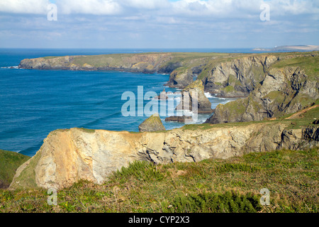 Carnewas und Bedruthan Steps an der Küste von North Cornwall zwischen Padstow und Newquay in Cornwall England UK Stockfoto