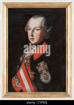 Kaiser Joseph II. Von Österreich (1741 - 1790) - ein Büstenporträt in Uniform, etwa um das Jahr 1765. Öl auf Leinwand. Zeitgemäßes Büroporträt des Kaiser in Uniform mit dem Orden vom Goldenen Vlies, dem Militärbefehl von Maria Theresia und dem Orden des Heiligen Stephanus. Abmessungen 64 x 44 cm, ohne Vorzeichen. Kleiner, wiederherstellbarer Riss und alter Zahnreiß. Neuerer Rahmen, Menschen, 18. Jahrhundert, Kaiserlich, Österreich, Österreich, Donau-Monarchie, Reich, Objekt, Objekte, Stills, Clipping, Ausschnitte, Ausschnitte, Ausschnitte, Ausmalungen, Gemälde, Bilder, Bilder, Illustrationen, Bildende Kunst, ar, Stockfoto