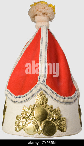 Eine Grenadiermütze, von Infanterie-Regiment Nr. 25 von Kalckstein. Frontalschild, hinten Trophäenschild und seitliche Flammenapplikationen aus gestanztem Messing. Stoffteile und Ledereinlage authentisch restauriert, die Plattenteile stammen wahrscheinlich aus den Kasseler Theaterstücken und sind daher alt, aber nicht zeitgemäß. Die Grenadierkappe wird von einer Expertise von Klaus-Peter Merta vom Deutschen Historischen Museum begleitet, die die Metallteile entgegen unserer Sicht als zeitgenössisch, historisch, historisch, 19. Jahrhundert, Preußen, Deutschland, Deutschland, Militar, Zusatzrechte-Clearences-nicht verfügbar identifiziert Stockfoto