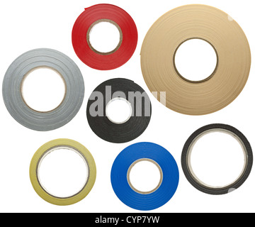 Verschiedenen Klebebändern isoliert auf weißem Hintergrund Stockfoto