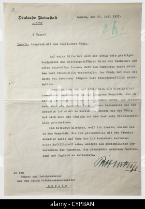 Joachim von Ribbentrop - Bericht an Adolf Hitler, über ein Treffen mit dem englischen König, datiert vom 23. Juli 1937 Briefkopf 'Deutsche Botschaft'. Schreibmaschinen und an "Führer und Reichskanzler und Außenminister Berlin" gerichtet. Ribbentrop gibt einen Bericht, wie er den Reichssporttrainer von Tschammer und Osten dem König "auf der Gartenparty gestern" vorgestellt hatte, "von historisch,historisch,1930er,20. Jahrhundert,NS,Nationalsozialismus,Nationalsozialismus,Drittes Reich,Deutsches Reich,Deutschland,Nationalsozialismus,Nazi,Nazi Periode,Faschismus,Dokument,Docum,Zusatzrechte-Clearences-nicht verfügbar Stockfoto