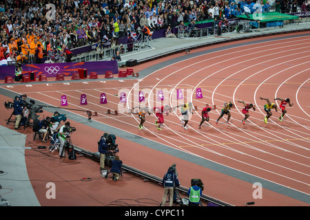 Herren 100-Meter-Finale bei den Olympischen Sommerspielen 2012 in London Stockfoto
