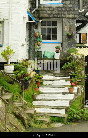 Schritte und Hütte Fenster, Polperro, Cornwall Stockfoto
