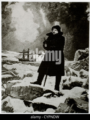 Robert E. Peary (1856-1920) stehen auf dem arktischen Eis mit seinem Schiff, Falcon, im Hintergrund, ca. 1909 Stockfoto