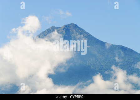 Volcan de Agua Antigua Guatemala // ANTIGUA GUATEMALA, Guatemala — Blick auf den Volcan de Agua, teilweise von Wolken bedeckt, von Antigua Guatemala aus gesehen. Es ist einer von drei Vulkanen in der Nähe von Antigua. Stockfoto