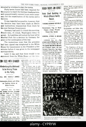 Waffenstillstand unterzeichnet, Ende des Krieges, Innenseite der New York Times, 11. November 1918 Stockfoto