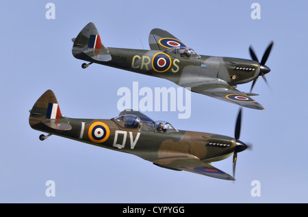 Spitfire T9C und Spitfire LF XIVe Flugzeuge Duo in RAF 1940 s Farben in Duxford Airshow 2012 anzeigen. Stockfoto