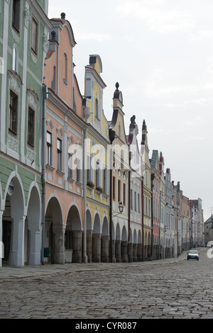 Fassade der Renaissance und des Barock Häuser in Telc, Süd-Mähren, Tschechische Republik - UNESCO Weltkulturerbe Stockfoto