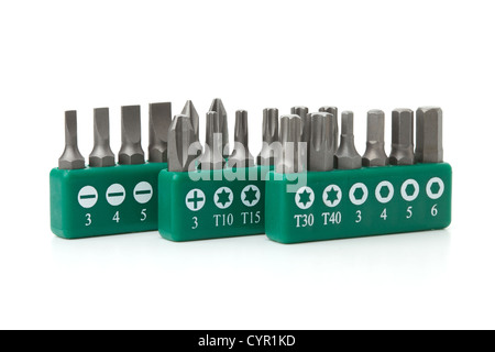 Werkzeuge Sammlung - Köpfe für Schraubendreher (Bits). Isoliert auf weißem Hintergrund Stockfoto