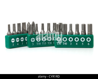 Werkzeuge Sammlung - Köpfe für Schraubendreher (Bits). Isoliert auf weißem Hintergrund Stockfoto