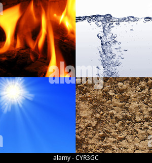 die vier Elemente Erde, Wind, Wasser und Feuer Stockfoto