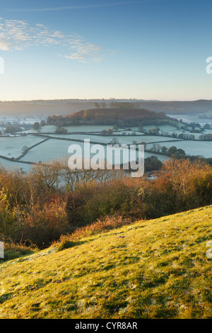 Blick vom Cam lange nach unten in Richtung Downham Hill. Die Cotswolds. Gloucestershire. England. VEREINIGTES KÖNIGREICH. Stockfoto