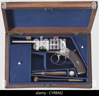 Ein britischer Präsentation Revolver 'iller, Dundee' in seinem Fall, ca. 1875, cal.380 lange RF, Nr. 14121.achteckige Lauf mit sieben Nuten geriebene Bohrung mit einem deutlichen Land / Nut Profil, Länge 5'.Five Schüsse.Britische Proof Mark.Single Action.Barrel mit Barrel Gehäuse verschraubt auf Basis Pin.Smooth Zylinder.Ejector.auf dem Lauf markiert 'WM.Miller 'Parker Square Dundee', links unten auf der Rahmen 14121 Von Gehäuse eingraviert 'präsentiert SERGt.W.WILLIAMSON von den Offizieren nicht Com. Offizieren & MITGLIEDER DER Nr. 8 COY 1. FORFARSH,zusätzliche-Rechte-Clearences-nicht verfügbar Stockfoto