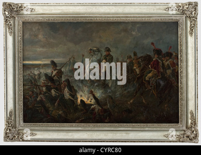 Emil Klein (1865-1943), Napoleon I. unter seinen Soldaten Ölgemälde auf Holz, unterzeichnet kaum auf dem unteren rechten, Bildgröße 104 x 67 cm lesbar, versilbert Rahmen (leicht erhöht). Bonaparte in Uniform mit dem Orden der Ehrenlegion auf seinem weißen Pferd, der beim Anblick einer Granate in den Vordergrund explodierende Hecke sitzt. Auf der linken Seite Grenadiere à pied de la Garde Imperiale und Fahnen, auf der rechten Seite Allgemein und Offiziere, darunter Kürassiere de la Garde und Chasseurs à cheval. Emil Klein (1865 in Indianapolis - 1943 Stut, Artist's Urheberrecht nicht gelöscht werden Stockfoto