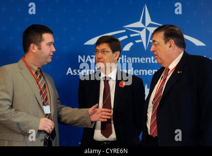 Präsident der NATO parlamentarische Versammlung Karl Lamers (rechts) spricht mit dem Leiter der Tschechischen Delegation an die NATO parlamentarische Versammlung Jan Hamacek während einer Pressekonferenz auf der Jahrestagung der Parlamentarischen Versammlung der NATO in Prag, Tschechische Republik, 9. November 2012. Parlamentarische Versammlung der NATO David Hobbs sieht man im Zentrum. (Foto/Michal Kamaryt CTK) Stockfoto