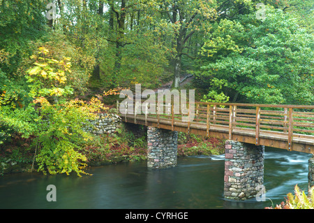 Brücke über den Fluß Rothay in Herbstfarben in der Nähe von Rydal, Ambleside, Cumbria, England Stockfoto