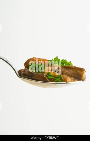 Geschmorte Steinpilze (Ceps) Pilz (Boletus Edulis) auf einem Löffel Stockfoto