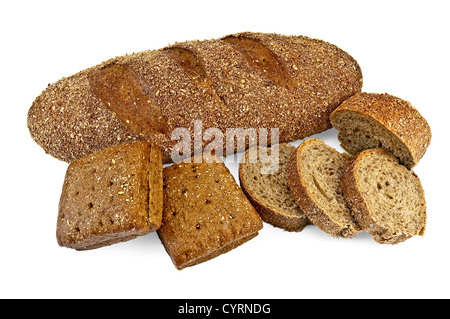 Baton-Roggenbrot, Platz zwei Roggen Brötchen, Hunks von Roggenbrot isoliert auf weißem Hintergrund Stockfoto