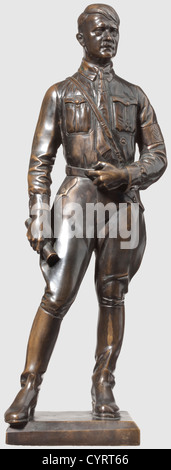 Theodor Kärner(1884 - 1966),Adolf Hitler - eine detailreiche Bronzestatuette stehende Figur,aufrecht in Kontraposto,mit Eisernen Kreuz 1. Klasse und Wundabzeichen sowie dem Nationaladler auf der Krawatte,mit einer Rolle in der rechten Hand. Dunkle Bronze, leicht gerieben, signiert auf dem Sockel 'T. KÄRNER MÜNCHEN ZIS: F. PLEINER. Gesamthöhe 40 cm. Ausdrucksstarke Figur von Professor Theodor Kärner(1884 - 1966), der vor allem durch seine Entwürfe als künstlerischer Leiter der Porzellanfabrik Allach berühmt wurde,historisch,historisch,Menschen,1930er,1930er,20ster Jahrhundert,fein,Zusatzrechte-Clearences-nicht verfügbar Stockfoto