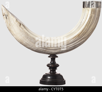 Leni Riefenstahl(1902 - 2003),ein silberner Nilpferd-Zahn,ein Geburtstagsgeschenk von Ernst Udet 1932 stattliche fang eines Nilpferdes,montiert auf einem geschwärzten Holzsockel.die silberne Lünette mit der Inschrift 'in Erinnerung an Pater Siedentopf und Flugkameraden Suchocky und ihre Bruchlandung - Ostafrika-Expedition 1930-1931' und 'for Meine liebste Leni mit allen besten Wünschen - 22. August 1932 - Ernst Udet'.Zahnaußenseite ca. 55 cm, Bauhöhe inkl. Sockel ca. 29 cm.1930/31 machte Ernst Udet eine Expedition nach Ostafrika,eines der Objekte,Additional-Rights-Clearences-nicht verfügbar Stockfoto