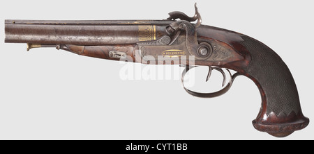 Eine schwere Doppellauf-Schlagpistole M.Dufour,St.Etiènne,um 1830,Reisepistole oder für die Großwildjagd.Damascus Drehfässer mit Lackbügeln,Länge 165 mm in cal.18.Gesamtlänge 355 mm.Doppelauslöser.Gold-Intarsien Rollwerk auf Reithosen,auf Laufrippe in Gold 'CANON A RUBANS'.Hammers floral graviert und Farbe Gehäuse gehärtet Seitengelenke,lackiert,auf der linken Seite DUFOUR Rechts 'A St.ETIENNE'.fein karierte Walnuss Halbstock, floral graviert und Farbe Gehäuse gehärtet Befestigungen.Eisen Ramrod mit Messing, zusätzliche-Rechte-Clearences-nicht verfügbar Stockfoto