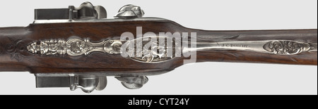 Eine doppelschalige, silberne Flintlock-Schrotflinte, Carles Simon, Paris, um 1770. Seite-an-Seite-Fässer, glatte Bohrungen in cal.14 mm mit Patentbrecher Block und Silber Vorderansicht. Floral Gold Inlay über Mündung und Hinterlauf, goldene Signatur 'SIMON PARIS RUE MAZARINE' auf der mittleren Rippe. Leicht geschnittene Flintlocks mit Platin-gefüllten Touch-Löcher und Frizzenpfannen, Schloss Platten unterzeichnet Roy du Brequier De Mgr Comte D Artois A Paris'(linkes Schloss teilweise nachgeschnitten).am Vorderende floral geschnitzte Nussbaum Halbstock mit Rocaille Ornamenten und gestempeltem Silber Fu,Additional-Rights-Clearences-not available Stockfoto