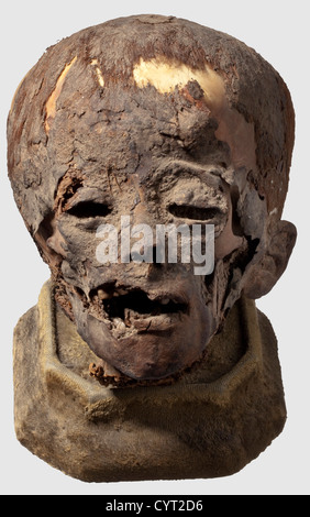 Ein Schädel einer ägyptischen Mumie eines Kindes,Dritte Zwischenperiode,ca. 1000 v. Chr. der vorbereitete Kopf eines Kindes, das stellenweise rotbraune Haare beibehält.auf der Rückseite des Schädels befinden sich noch Stücke der Bandagen, mit denen die Mumie eingewickelt wurde.Höhe des Schädels ca. 16 cm.unter Glas in einer ebonisierten Vitrine Die durch eine Schiebeplatte öffnet.eine Glasscheibe fehlt.Maße 28 x 21 x 36 cm.nach Napoleons ägyptischer Kampagne begann die moderne ägyptische Archäologie 1822 mit Jean Francois Champollion und Karl Richard Lepsius.die Entdeckungen dieser Männer l,Additional-Rights-Clearences-nicht verfügbar Stockfoto
