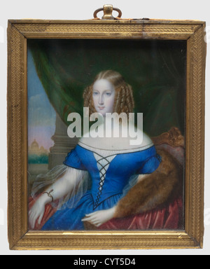 Maria Nikolaevna Großherzogin von Russland(1819 - 1876),von Enrica Fioroni-Narducci(1806 - 1892)Gouache und Aquarell auf Elfenbein.Rom,1838-1843.die junge Großherzogin sitzt auf einem Stuhl mit Petersdom in Rom im Hintergrund.signiert rechts über der Rückenlehne 'Enrichella Narducci'.in schönem vergoldeten Messingrahmen(die Oberseite gerissen),die handschriftliche Inschrift 'Maria Nikolajewna ZAR N I.Tochter,Fürstin von Leuchtenberg' hinten.mit Rahmen 15 x 13 cm.sehr gute Qualität.Links beschädigt.Enrica Fioroni-Narducci,geboren 1806 in Santa FiO,Additional-Rights-Clearences-nicht verfügbar Stockfoto