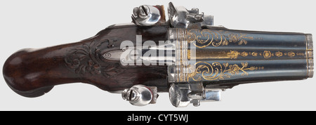 Ein Paar doppelbarreled flintlock Pistolen, Frankreich, um 1760. Gebläute Fässer mit vergoldeter Weinrebe Dekoration, glatte Bohrungen. Flintlocks mit spärlichen Ranken-Gravuren. Dunkle, floral geschnitzte volle Aktien mit glatten Eisenmöbeln. Holzrammstangen. Fachmännisch überarbeitete Waffen. Länge je 19 cm, historisch, historisch, 18. Jahrhundert, Zivilhandfeuerwaffen, Handfeuerwaffen, Pistolen, Waffen, Schusswaffen, Feuerwaffen, Waffen, Waffen, Waffen, Waffen, Waffen, Objekte, Objekte, Stills, Ausschneiden, Ausschneiden, Ausschneiden, Ausschneiden, Ausschneiden, Zusatzrechte-Clearences-nicht verfügbar Stockfoto