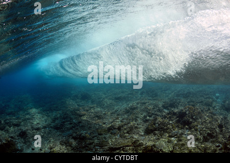 Welle bricht am Riff, gesehen von unterhalb der Oberfläche Palikir Pass, Pohnpei, Föderierte Staaten von Mikronesien Stockfoto