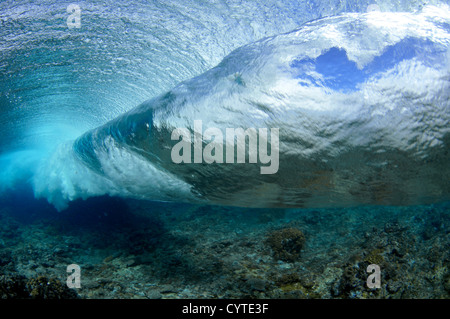 Welle bricht am Riff, gesehen von unterhalb der Oberfläche Palikir Pass, Pohnpei, Föderierte Staaten von Mikronesien Stockfoto