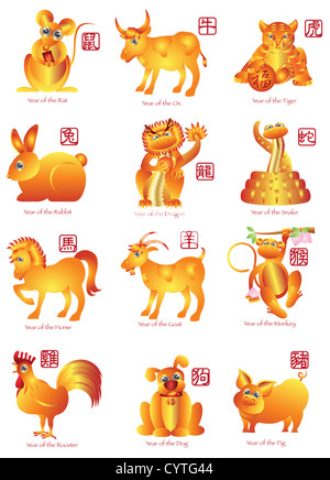 Chinese New Year zwölf Sternzeichen Horoskop Tiere Illustration mit chinesischen Siegel Text Stockfoto
