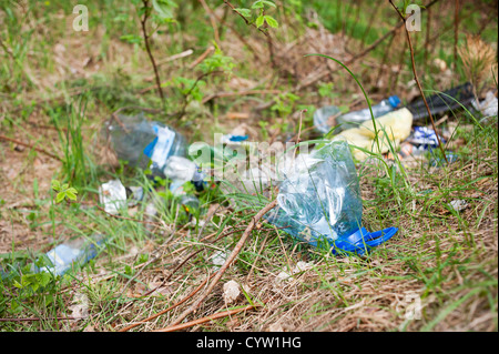 Illegale Scatter Müll im Rasen, blauen Kunststoff-Flasche dump Stockfoto