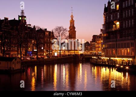 Zeigen Sie auf dem Munt-Turm in Amsterdam an, Niederlande Stockfoto