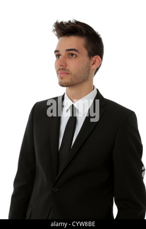 Hübscher junger Mann im schwarzen Anzug, isoliert auf weiss - Business-Konzept Stockfoto
