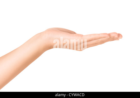 Weibliche zeigt offene Handbewegung. Isoliert auf weiss. Stockfoto