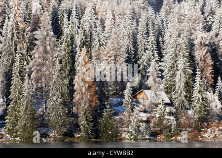 Ein hölzernes Gebäude auf Strbske Pleso See in der Tatra, Slowakei an einem Wintertag Stockfoto