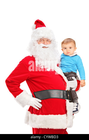 Santa Claus und kleines Kind posiert isolierten auf weißen Hintergrund Stockfoto