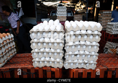 Eier zum Verkauf auf dem Markt Antigua Guatemala | ANTIGUA GUATEMALA, Guatemala — Kästen mit frischen Eiern sind zum Verkauf im Mercado Municipal gestapelt, dem täglichen Lebensmittelmarkt, der Antigua Guatemala versorgt. Der Markt, der von der Municipalidad de Antigua Guatemala betrieben wird, bietet etwa 5.000 Gewerberäume und liefert Grundnahrungsmittel an die Bewohner, neben den Kunsthandwerken, die in seinem angrenzenden Kunsthandwerksbereich verkauft werden. Antigua ist ein UNESCO-Weltkulturerbe. Stockfoto
