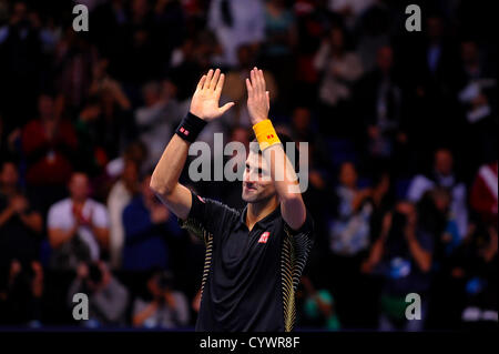 London, UK. 11. November 2012. Novak Djokovic feiert Sieg gegen Argentinas Juan Martin del Potro das erste Semi-Finale von Barclays ATP World Tour Finals in der O2 Arena. Alamy Live-Nachrichten Stockfoto