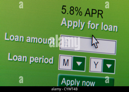 Nahaufnahme einer fiktiven Website einladen von Benutzern, ein Darlehen beantragen. Stockfoto