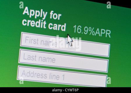 Nahaufnahme einer fiktiven Website einladen von Benutzern, eine Kreditkarte zu beantragen. Stockfoto