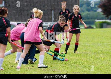 Team Sport und Leibeserziehung: zwei Seiten der Mädchen im Teenageralter Hockey spielen im Freien auf einer sekundären Gesamtschule, Wales UK Stockfoto