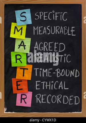 SMARTER (spezifisch, messbar, vereinbarten, realistisch, zeitlich befristete, ethische, aufgezeichnete) - Abkürzung für Ziel-Einstellung-Ansatz Stockfoto