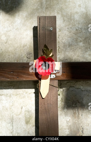 Roter Mohn, angeschlossen an ein Holzkreuz am Volkstrauertag UK Stockfoto