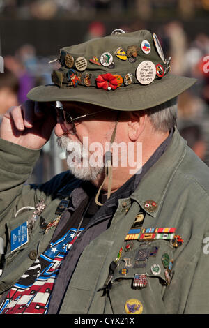 11. November 2012: A Vietnam-Veteran sportliche mehrere Abzeichen und andere Erinnerungsstücke steht vor der Vietnam-Krieg-Denkmal, während die Veterans Day feiern - Washington, DC USA Stockfoto